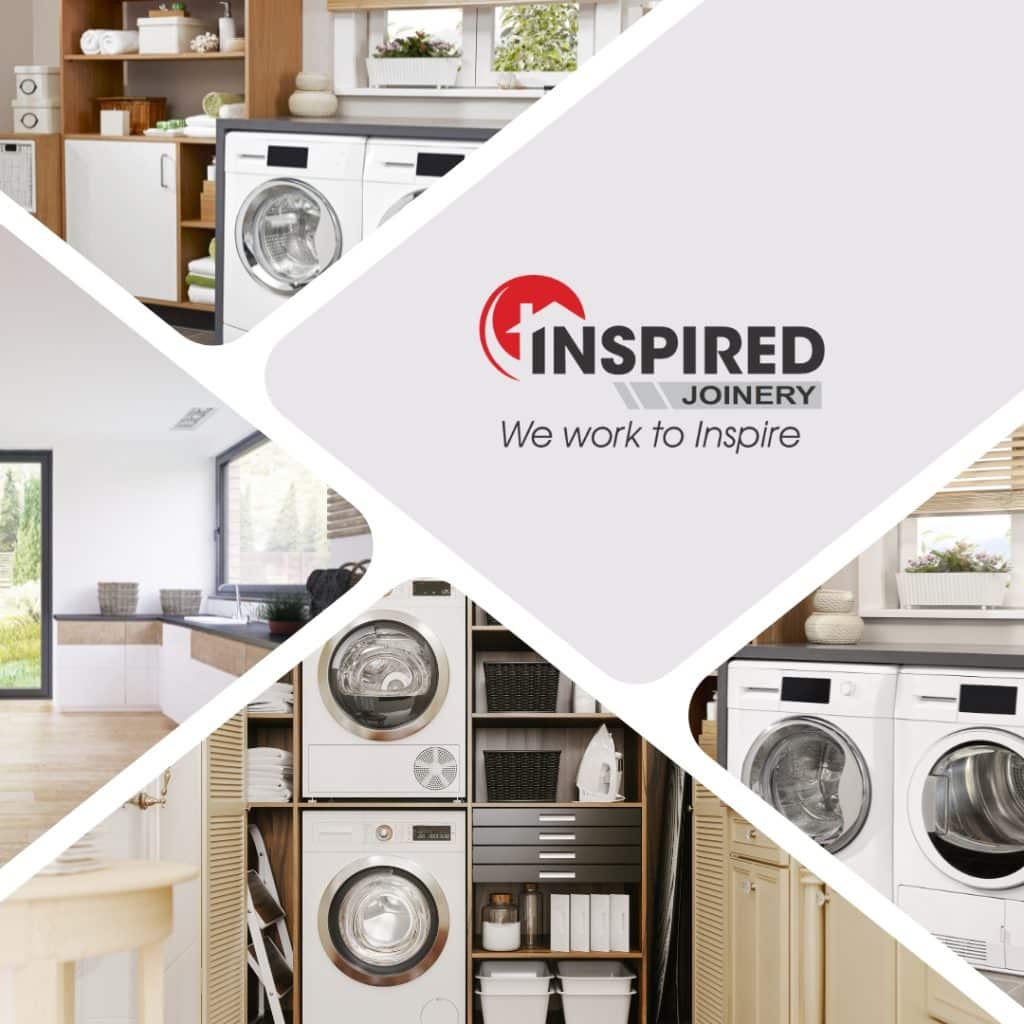 Laundry Renovations Central Coast experts brings life to a laundry area with stacked washer and dryer, a laundry room with storage shelves, a modern kitchen, and the logo for Inspired Joinery with the tagline "We work to inspire."