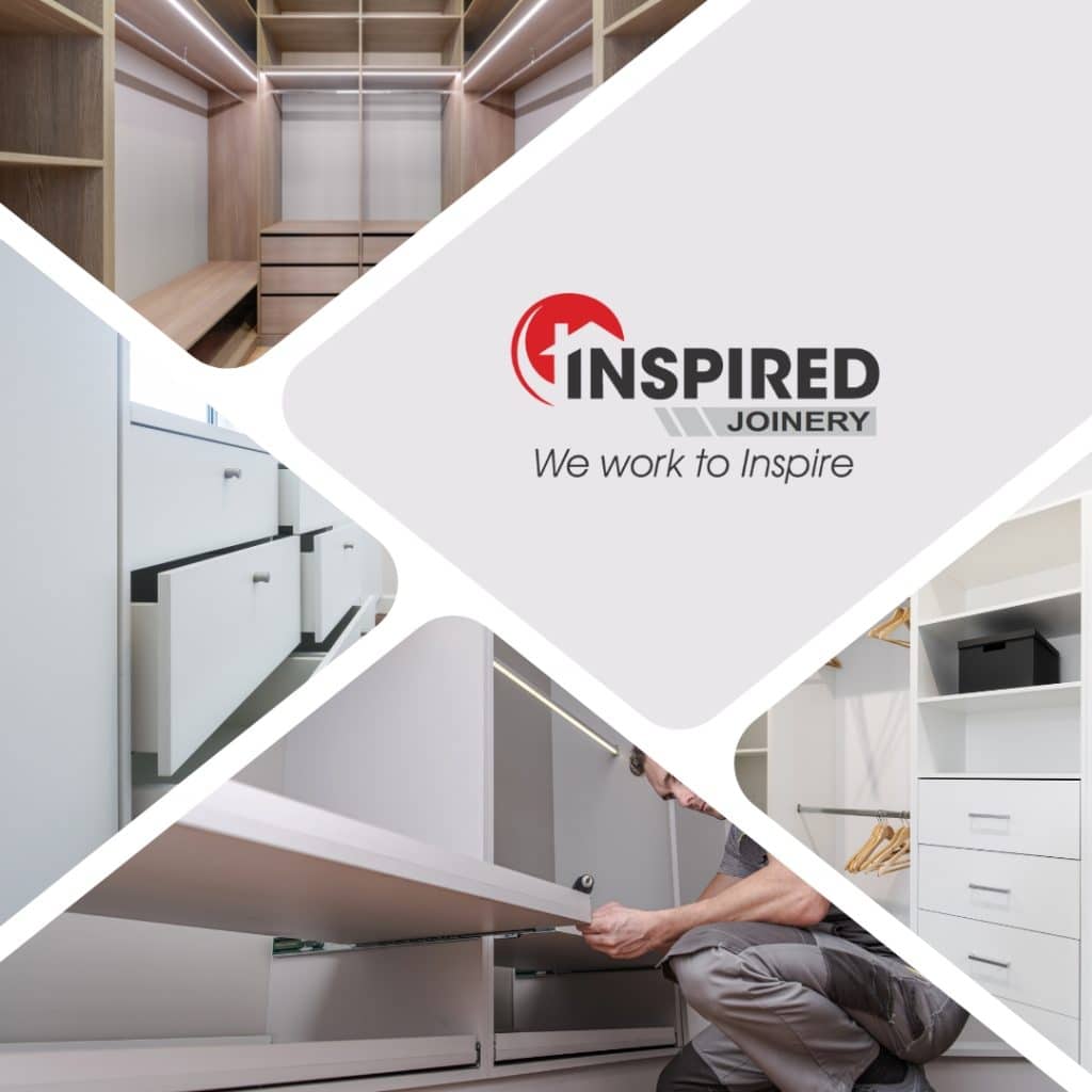 Collage of custom closet designs and a person assembling a drawer. Inspired Joinery logo and slogan “We work to Inspire” are at the center, highlighting our reputation as the trusted wardrobe joinery in Central Coast.