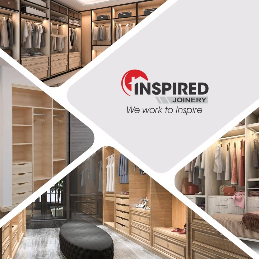 Collage of organised closets featuring various wardrobes for Central Coast homes, with the logo Inspired Joinery and the tagline "We work to Inspire" in the center.