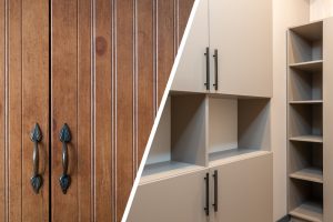 Side-by-side comparison of a textured wooden wardrobe with leaf-shaped handles and a smooth, modern dust proof wardrobe with minimalist design and black handles.