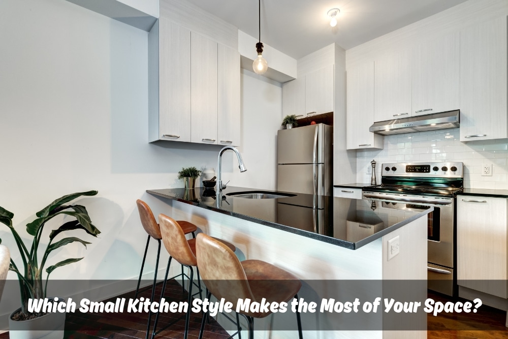 A small galley kitchen with a sink, stove, refrigerator, and stools positioned on either side of the countertops. White cabinets and stainless steel appliances give the kitchen a bright and modern look. Text overlay reads: "Which Small Kitchen Style Makes the Most of Your Space?"