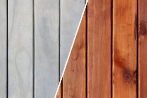 Comparison of timber decking before and after applying timber decking stain, illustrating the impact of staining on wood appearance.