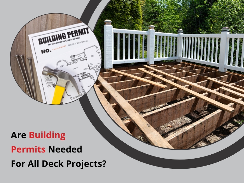 Illustration of deck permit requirements showing a deck under construction and a building permit with tools.