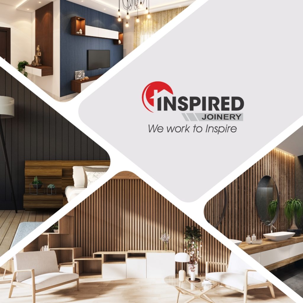 A modern collage showcasing diverse Wall Panelling designs by Inspired Joinery, featuring sleek wood textures, contemporary interiors, and stylish finishes that transform any space.