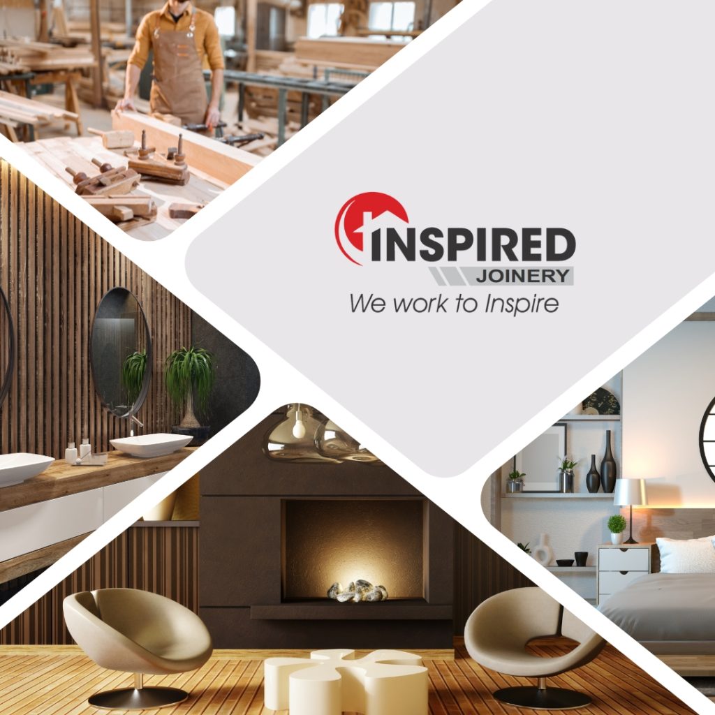 Collage of Quality Custom Joinery in Sydney: A carpenter at work in a woodworking shop, along with a modern bathroom, living room, and bedroom, all featuring elegant, custom-made joinery