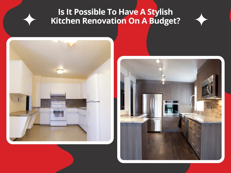 Before and after images showcasing a stylish kitchen renovation on a budget with updated cabinets and appliances.